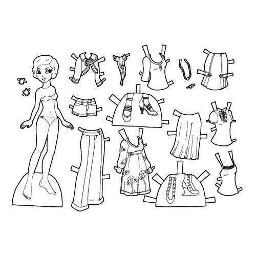 Black and White Paper Doll with Stylish Outfits Coloring Page free printable Paper Doll Coloring Pages coloring page
