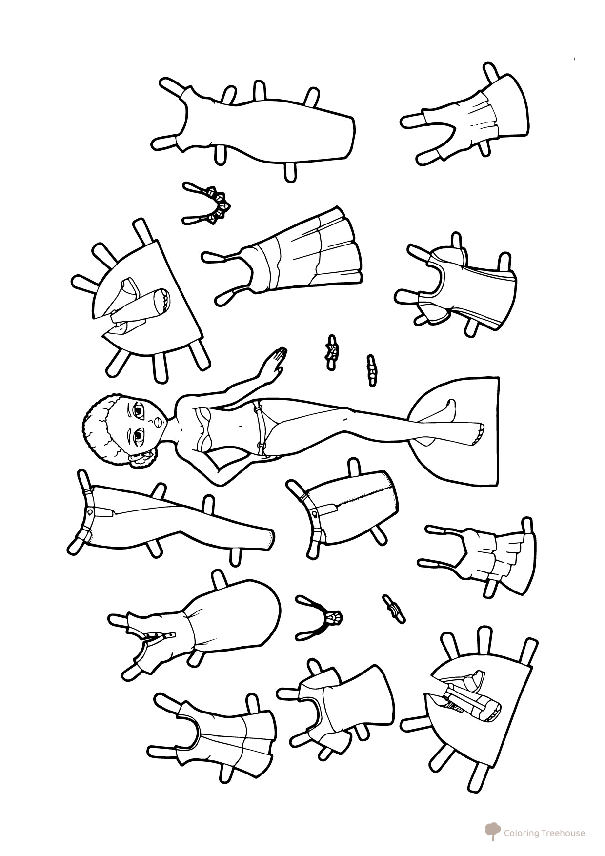 Página para colorear: Muñeca de papel en blanco y negro con conjunto de ropa de moda dibujo para colorear gratis de Páginas para colorear «Muñecas de papel»
