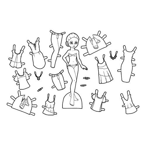 Black and White Paper Doll with Fashion Set free printable Paper Doll Coloring Pages coloring page
