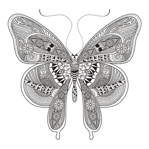 Mariposa con doodles florales - página para colorear dibujo para colorear gratis de Complejas y bellas hojas para colorear de animales, aves, peces e insectos