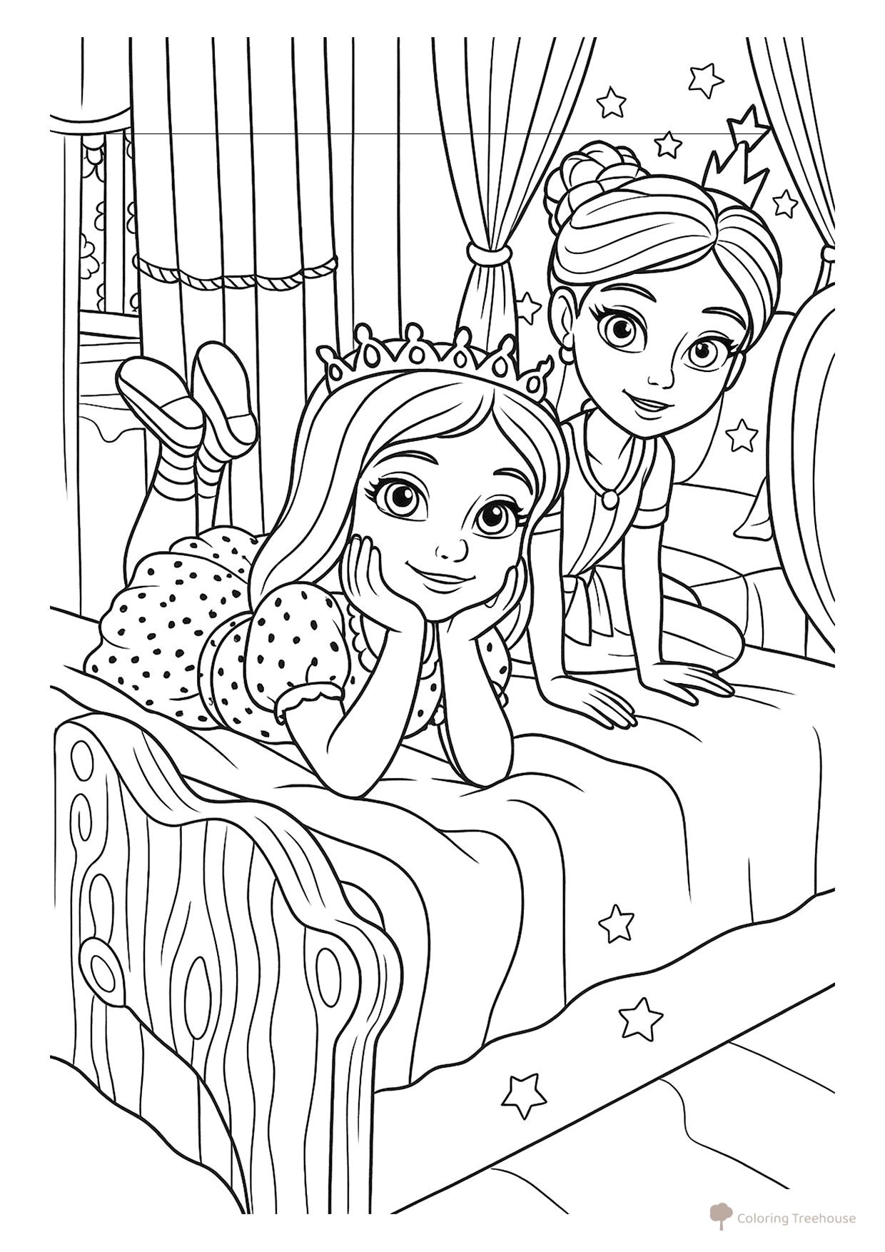 Página para colorear «Sonya y Darya en la cama» dibujo para colorear gratis de Páginas para colorear de Tsarevny — Princesas