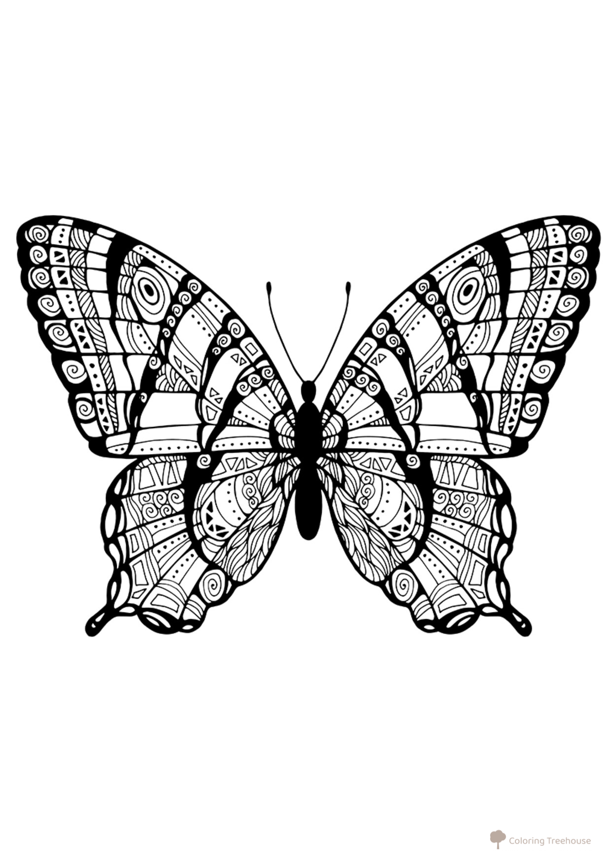 Butterfly with Zentangles Coloring Page free printable Advanced Animal, Bird, Fish, and Insect Coloring Pages coloring page