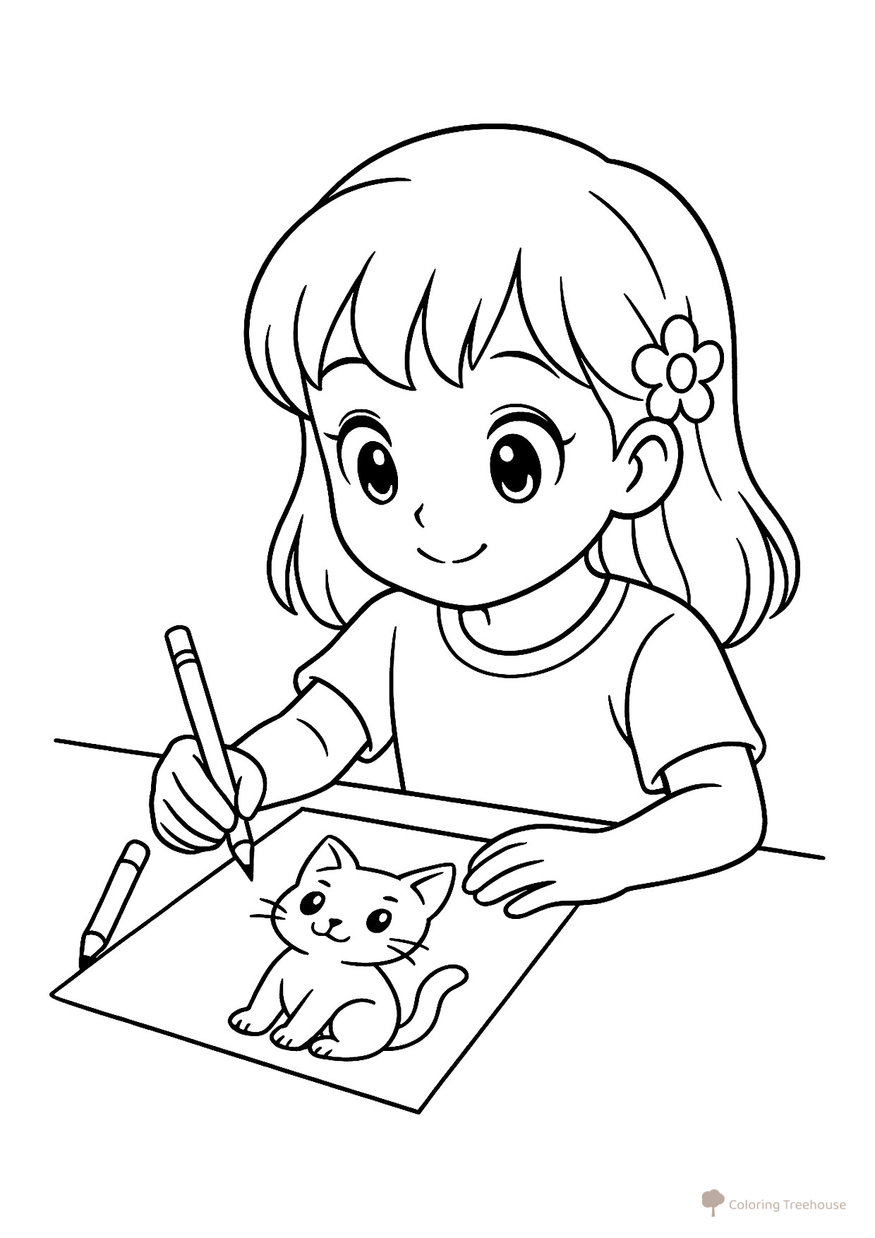Girl Drawing a Cat Coloring Page free printable Cat and Kitten Coloring Pages coloring page
