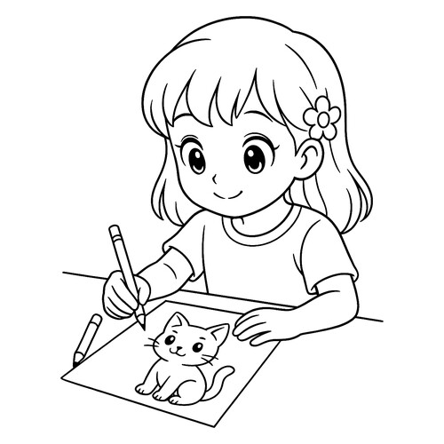Girl Drawing a Cat Coloring Page free printable Cat and Kitten Coloring Pages coloring page