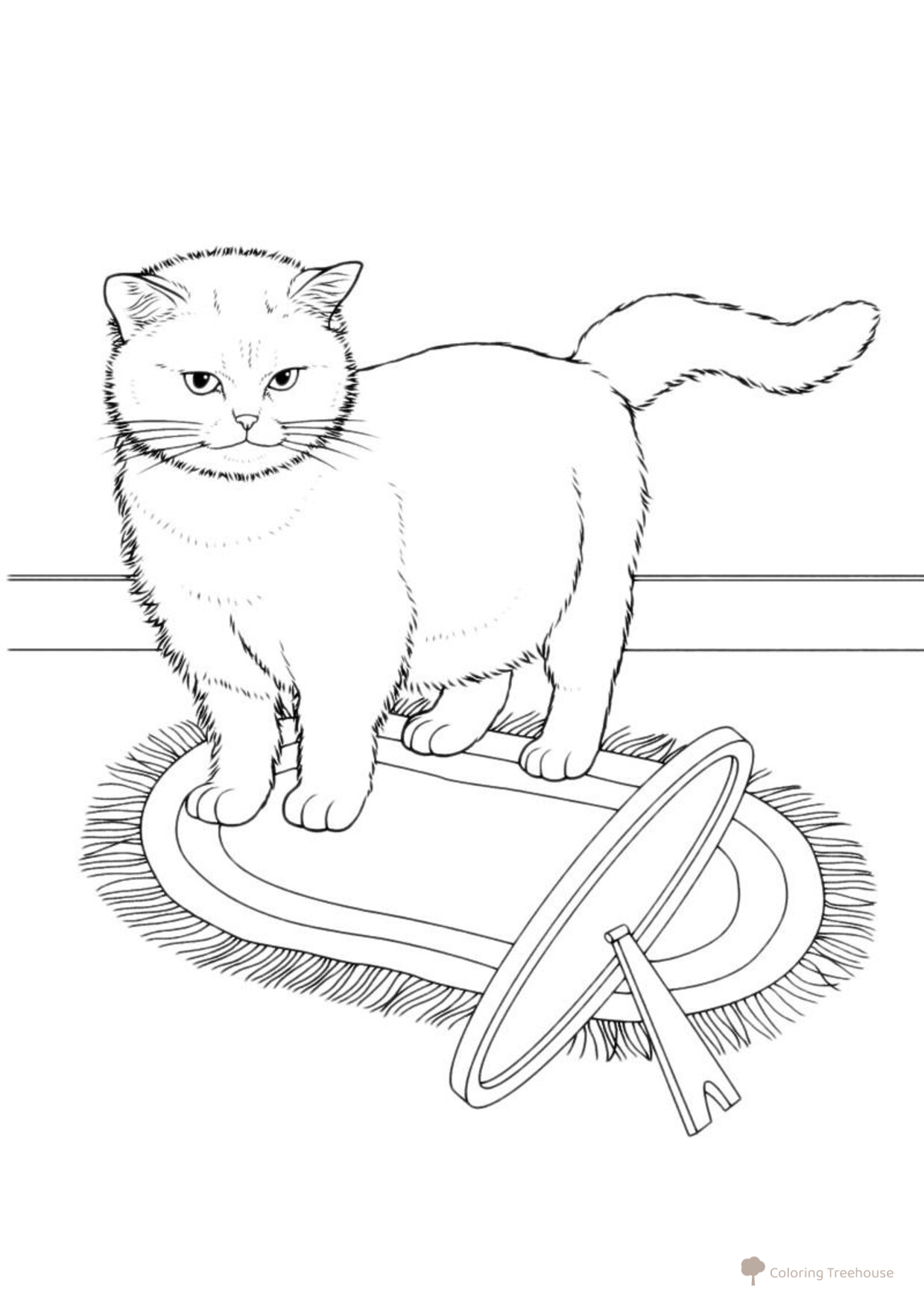 Cute Cat Coloring Page: Domestic Cat Sitting on a Mat free printable Cat and Kitten Coloring Pages coloring page