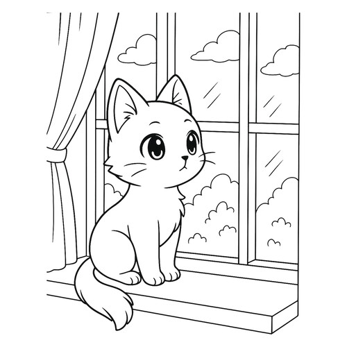 Página para colorear: Gato doméstico en el alféizar dibujo para colorear gratis de Páginas para colorear de gatos, gatas y gatitos