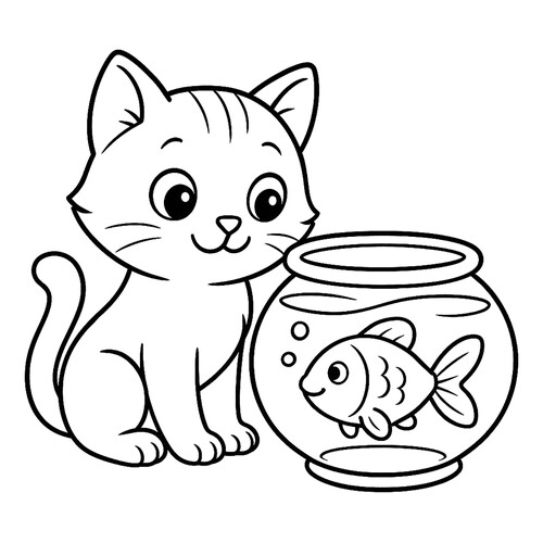 Cat and Fish Coloring Page free printable Cat and Kitten Coloring Pages coloring page
