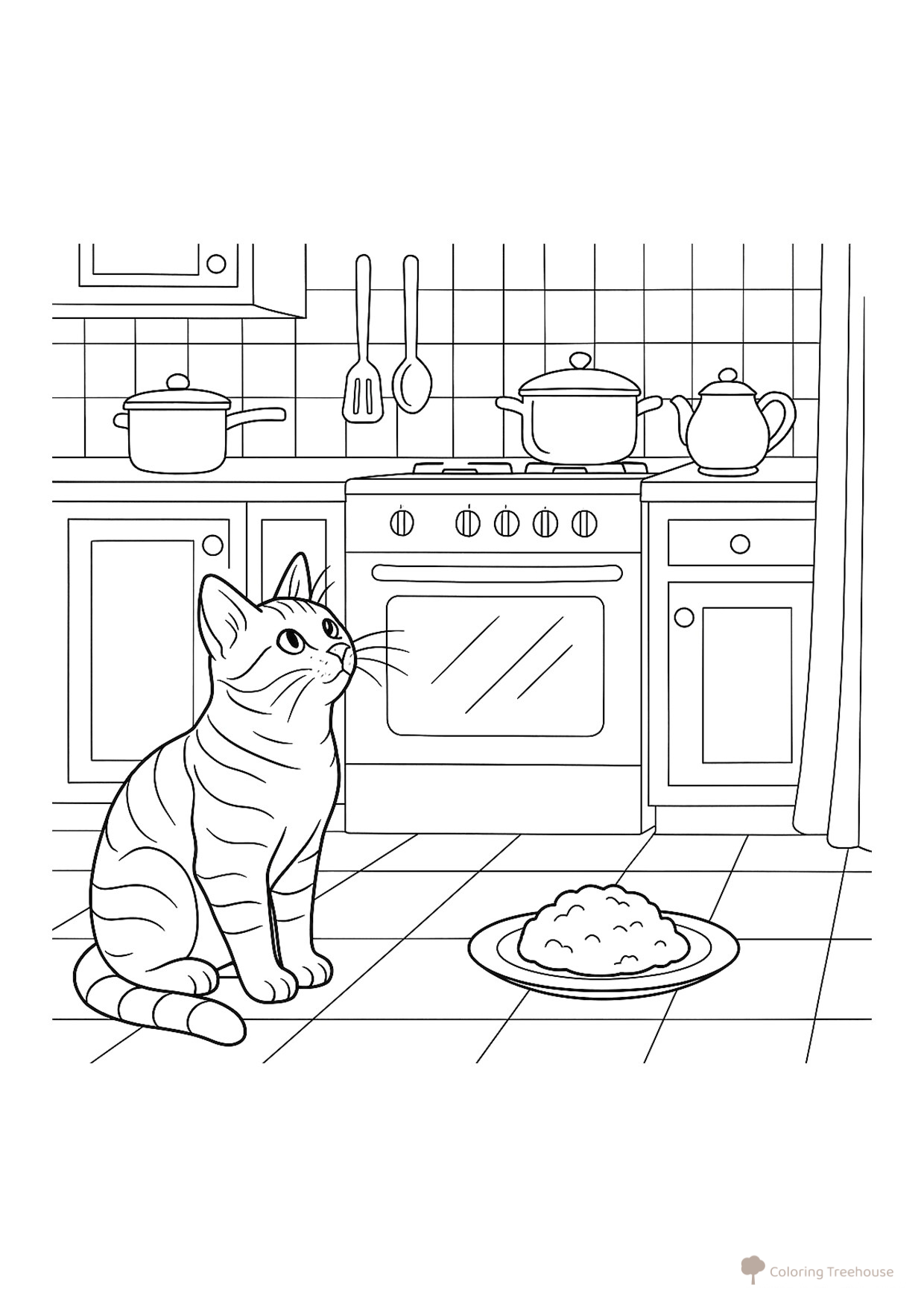 Cat Waiting for Dinner in the Kitchen free printable Cat and Kitten Coloring Pages coloring page