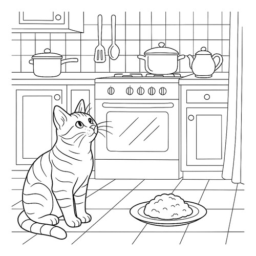 Cat Waiting for Dinner in the Kitchen free printable Cat and Kitten Coloring Pages coloring page
