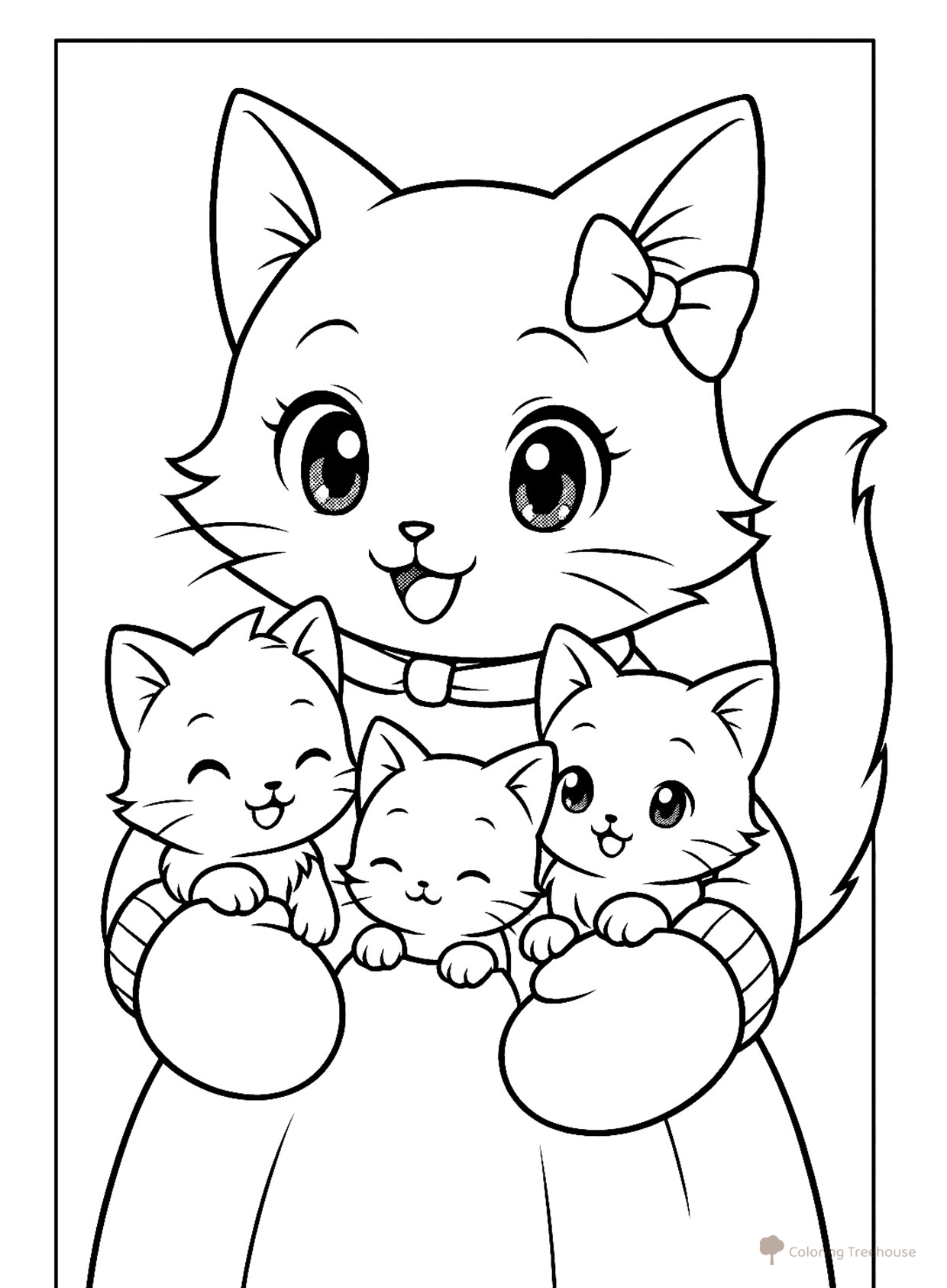 Cat with Kittens in Mittens Coloring Page free printable Cat and Kitten Coloring Pages coloring page