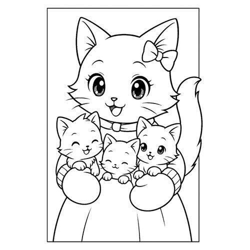 Cat with Kittens in Mittens Coloring Page free printable Cat and Kitten Coloring Pages coloring page