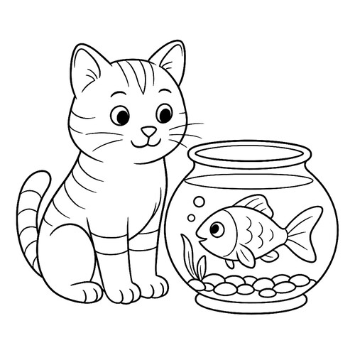 Página para colorear: Gato y Pez dibujo para colorear gratis de Páginas para colorear de gatos, gatas y gatitos