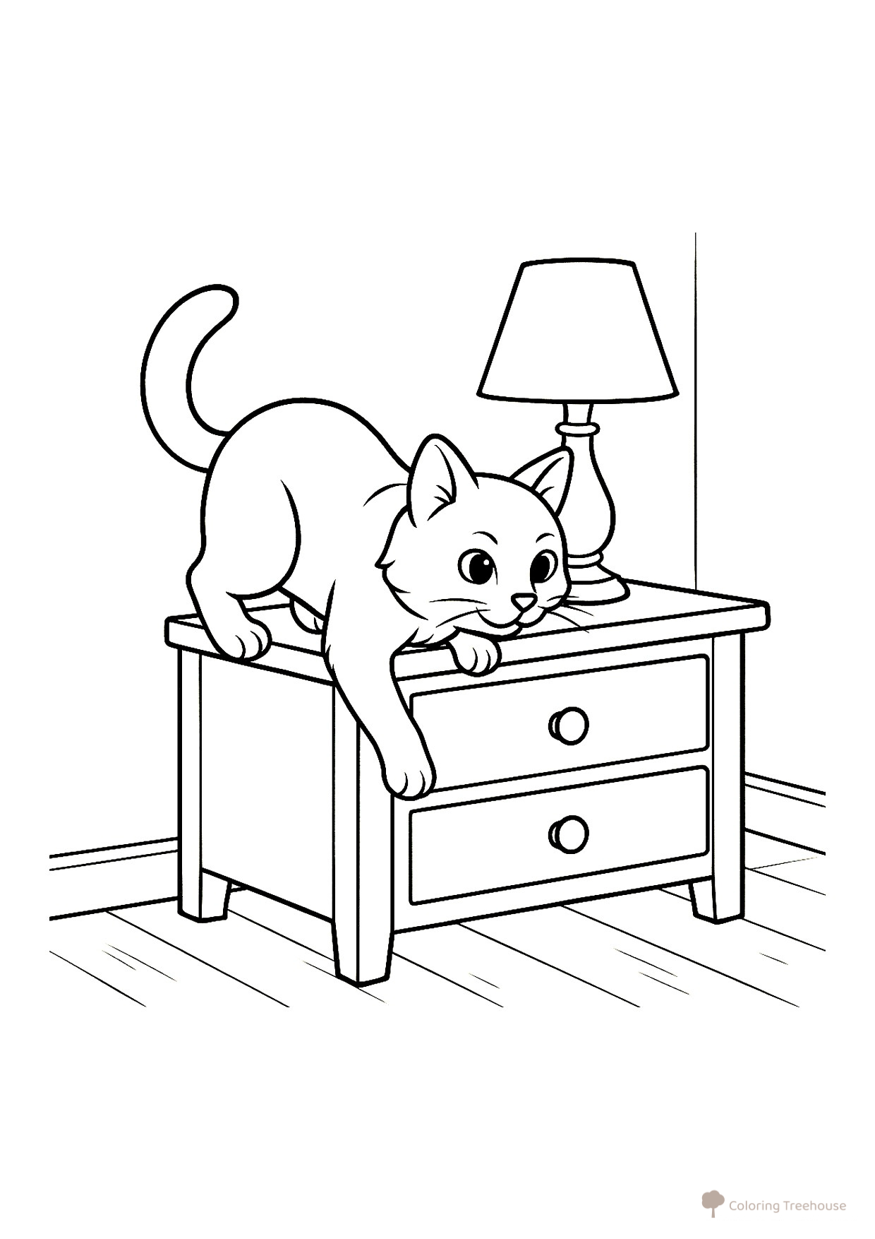 Página para colorear: El gato trepando a la mesita dibujo para colorear gratis de Páginas para colorear de gatos, gatas y gatitos