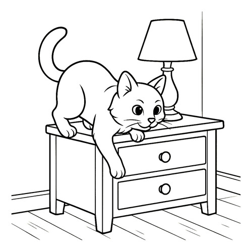 Página para colorear: El gato trepando a la mesita dibujo para colorear gratis de Páginas para colorear de gatos, gatas y gatitos