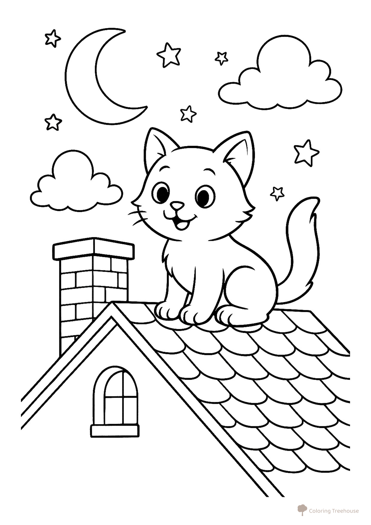 Colorear: El gato se subió al tejado por la noche dibujo para colorear gratis de Páginas para colorear de gatos, gatas y gatitos