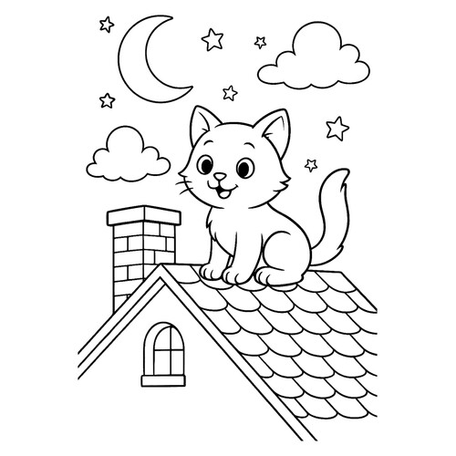 Colorear: El gato se subió al tejado por la noche dibujo para colorear gratis de Páginas para colorear de gatos, gatas y gatitos