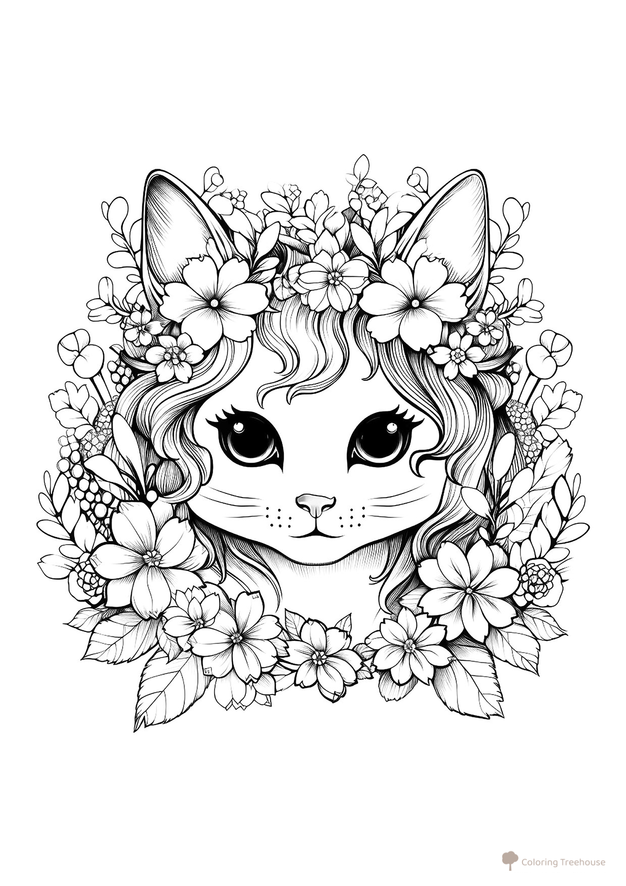 Cute Kitten with Beautiful Flowers Coloring Page free printable Cat and Kitten Coloring Pages coloring page