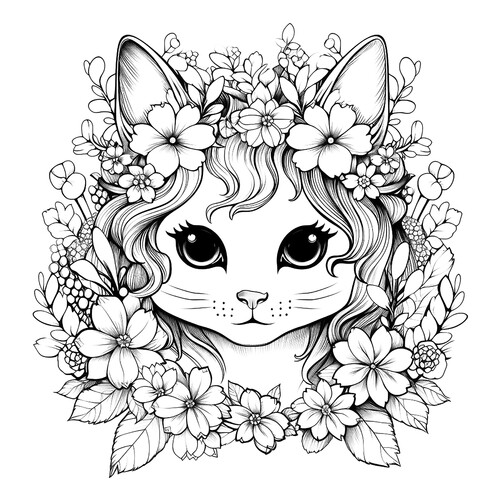 Cute Kitten with Beautiful Flowers Coloring Page free printable Cat and Kitten Coloring Pages coloring page