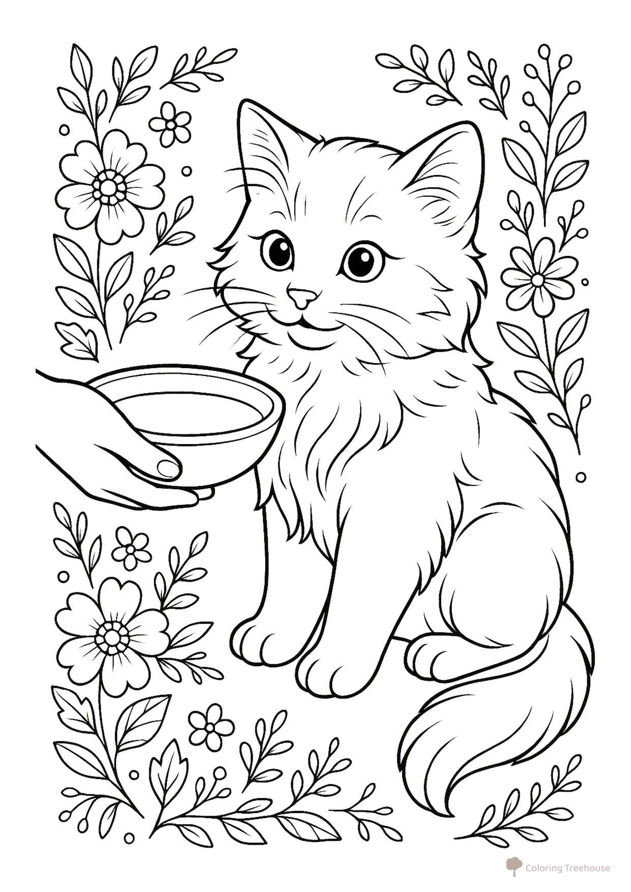 Página para colorear «Gatito entre flores y un platito de leche» dibujo para colorear gratis de Páginas para colorear de gatos, gatas y gatitos