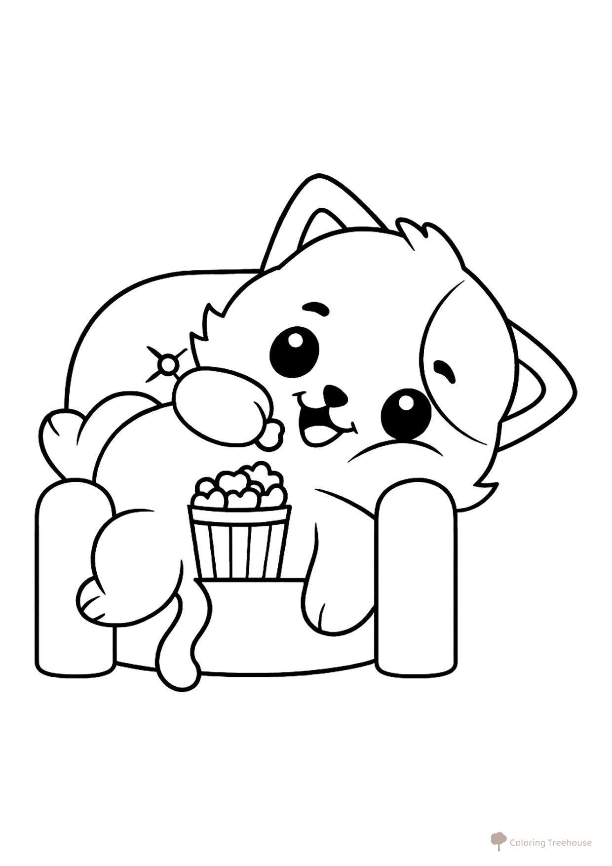 Adorable Kitten in a Chair with Popcorn Coloring Page free printable Cat and Kitten Coloring Pages coloring page