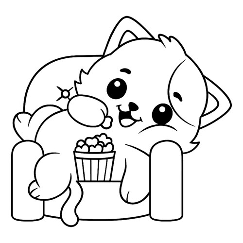 Adorable Kitten in a Chair with Popcorn Coloring Page free printable Cat and Kitten Coloring Pages coloring page