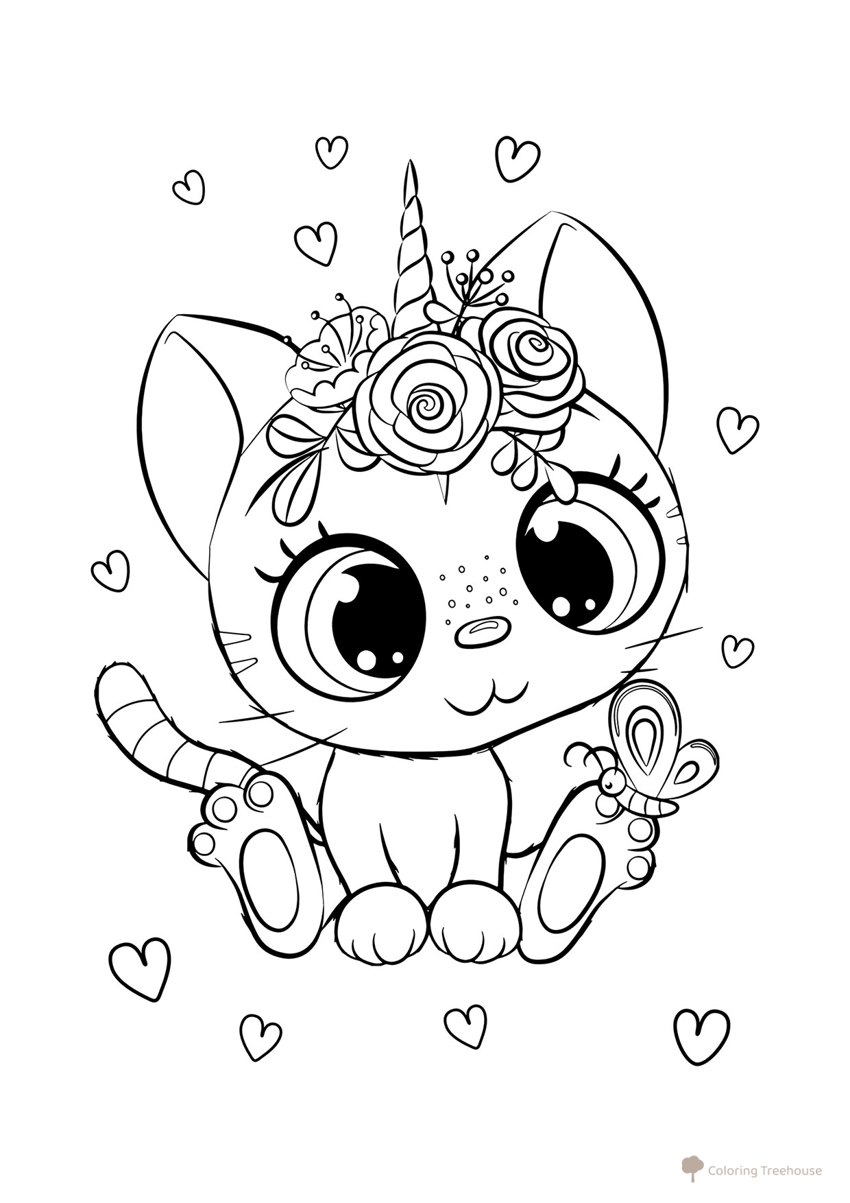 Página para colorear: Gatito unicorno dibujo para colorear gratis de Páginas para colorear de gatos, gatas y gatitos