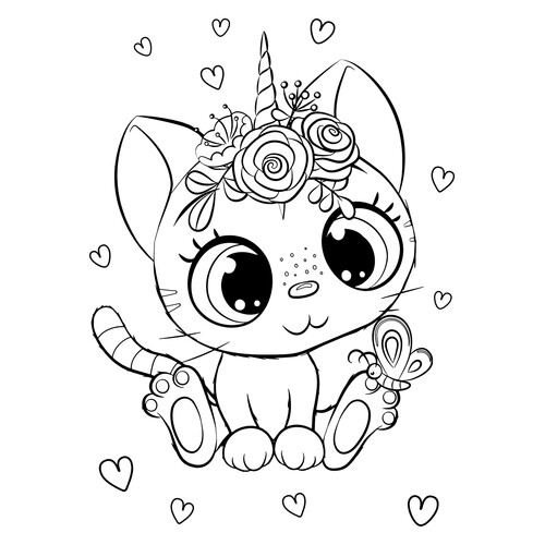 Página para colorear: Gatito unicorno dibujo para colorear gratis de Páginas para colorear de gatos, gatas y gatitos