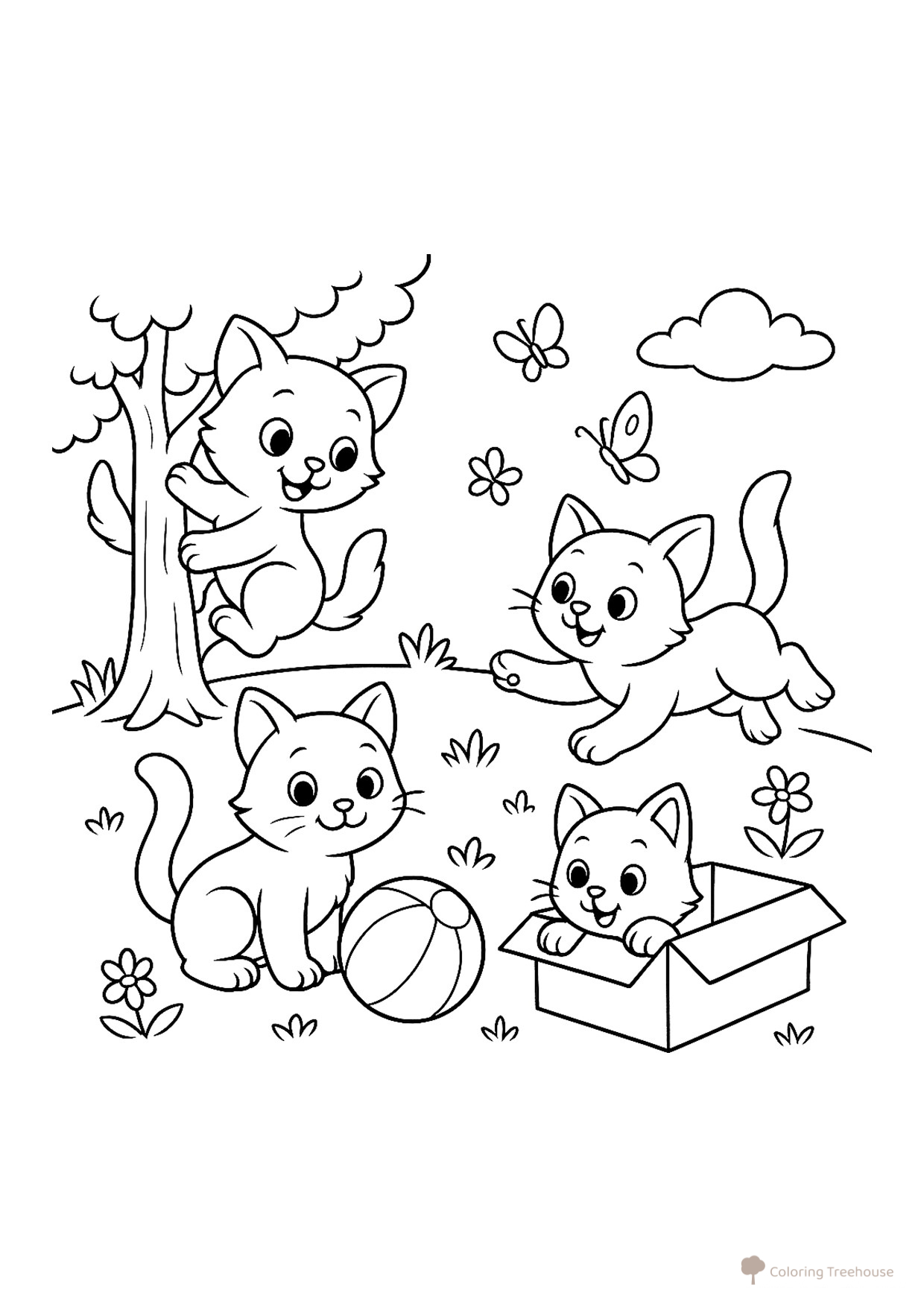 Página para colorear: Gatitos jugando dibujo para colorear gratis de Páginas para colorear de gatos, gatas y gatitos