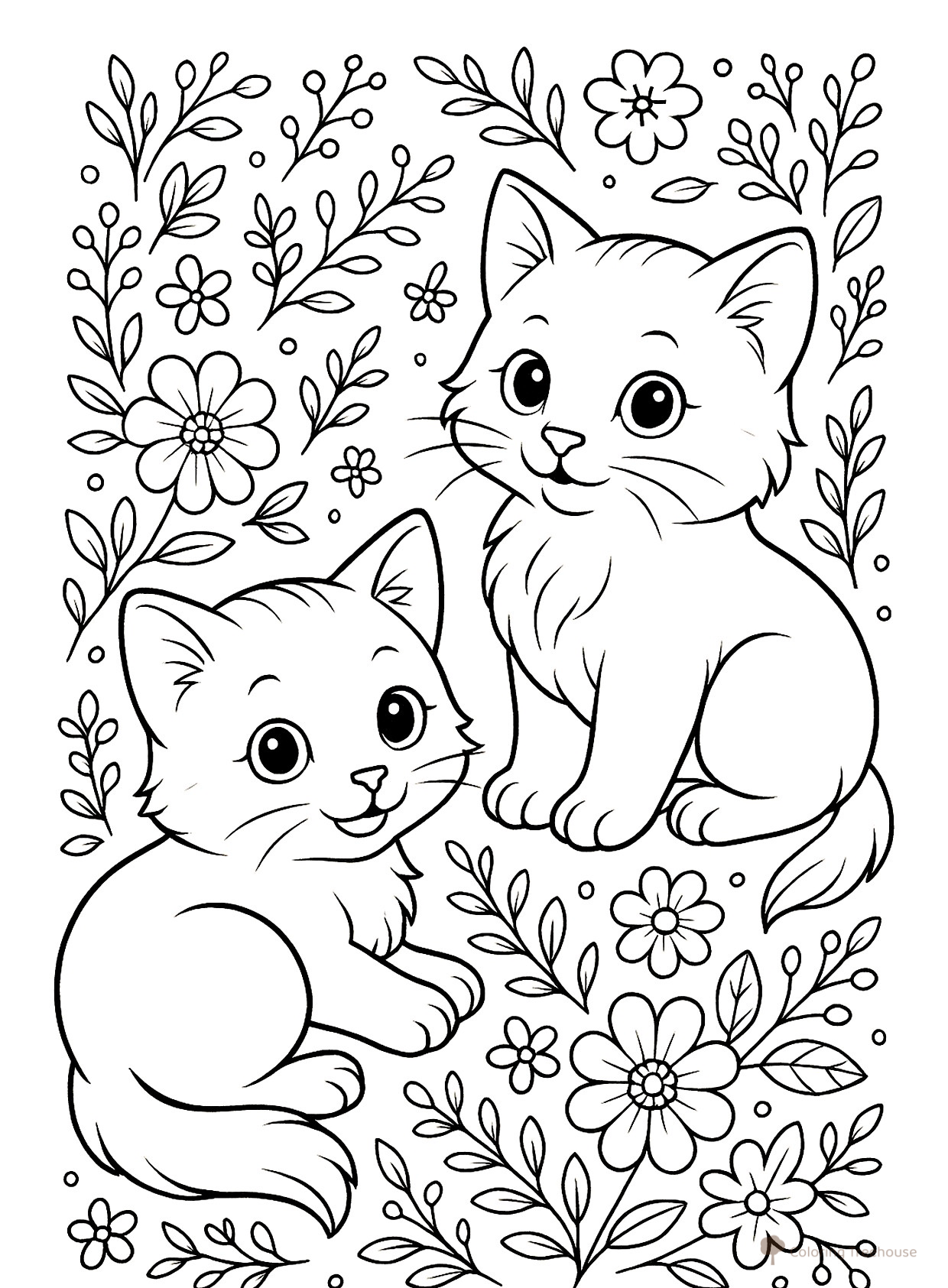 Página para colorear «Kittens in Flowers» dibujo para colorear gratis de Páginas para colorear de gatos, gatas y gatitos