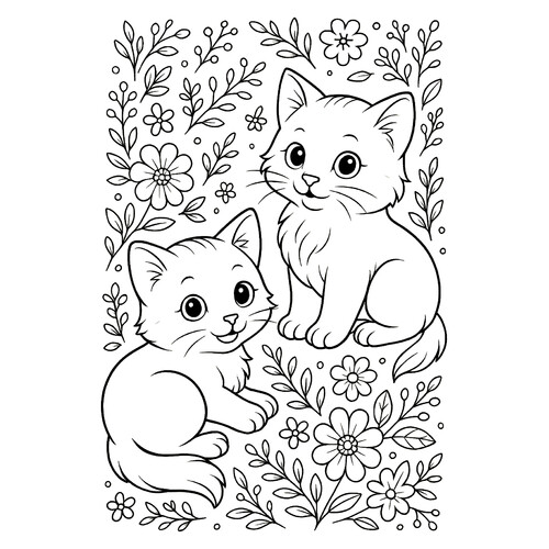 Página para colorear «Kittens in Flowers» dibujo para colorear gratis de Páginas para colorear de gatos, gatas y gatitos