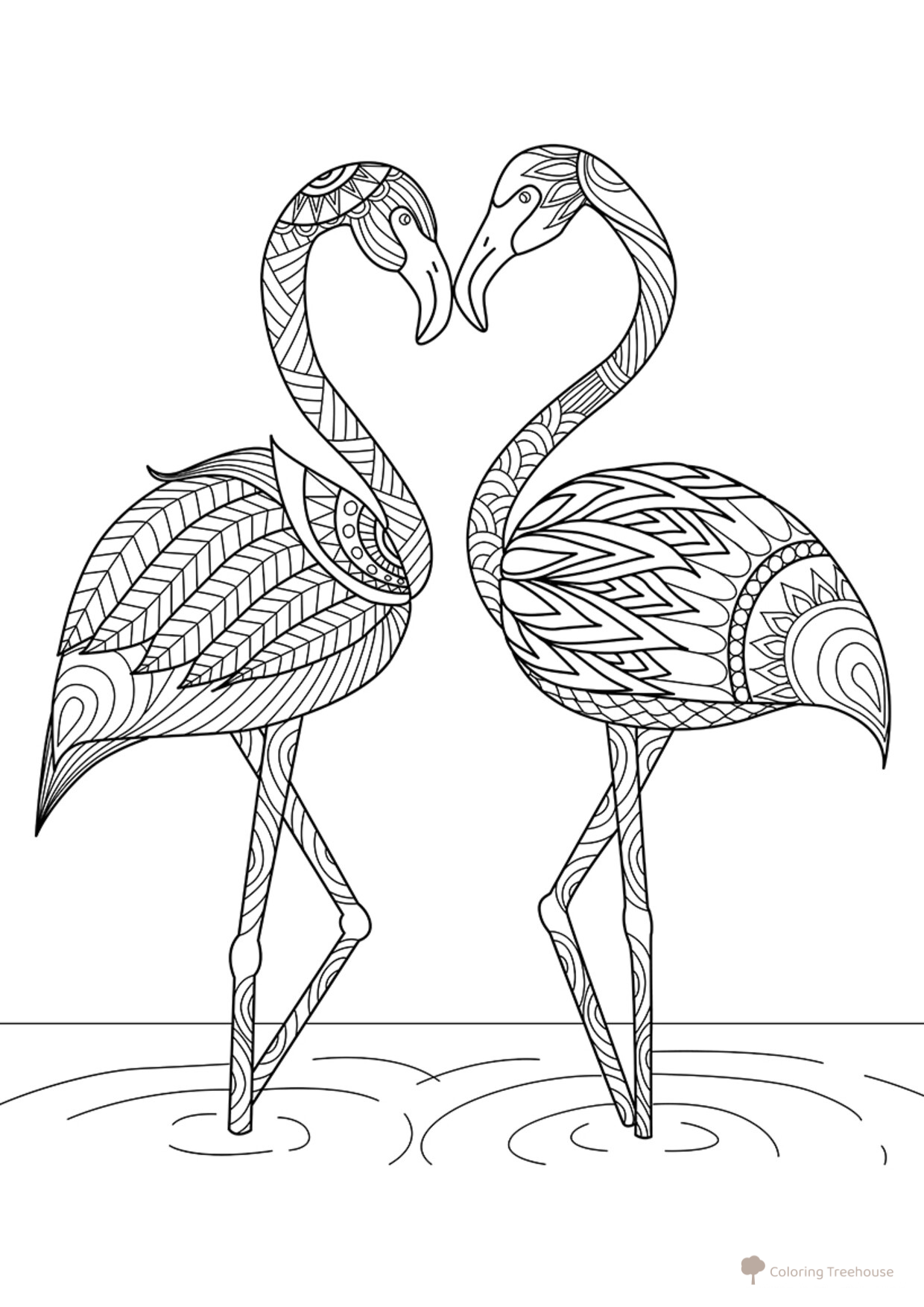 Página para colorear: Flamenco dibujo para colorear gratis de Complejas y bellas hojas para colorear de animales, aves, peces e insectos