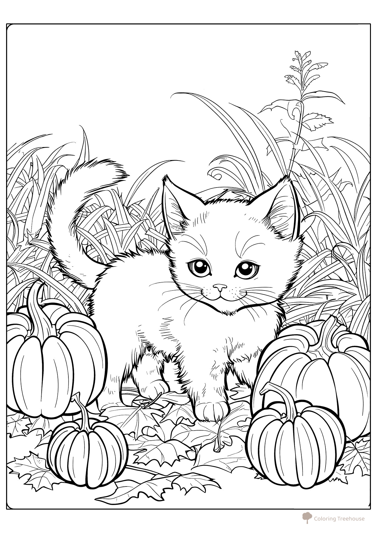 Cute Kitten with Pumpkins Coloring Page free printable Cat and Kitten Coloring Pages coloring page