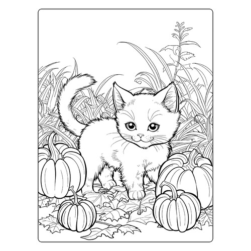 Cute Kitten with Pumpkins Coloring Page free printable Cat and Kitten Coloring Pages coloring page