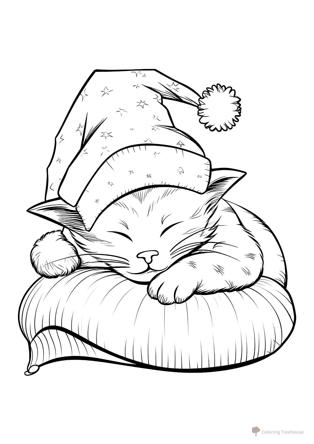 Página para colorear: Dulce gatito duerme con gorro dibujo para colorear gratis de Páginas para colorear de gatos, gatas y gatitos