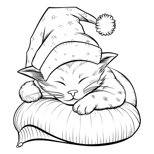 Página para colorear: Dulce gatito duerme con gorro dibujo para colorear gratis de Páginas para colorear de gatos, gatas y gatitos
