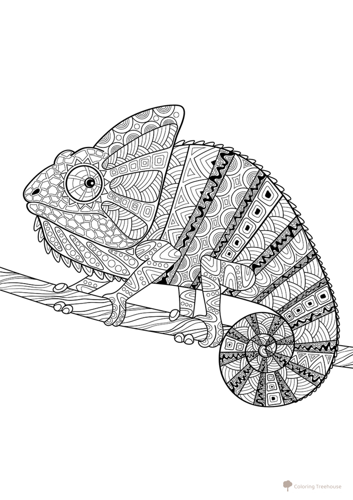 Página para colorear: Camaleón con patrones complejos dibujo para colorear gratis de Complejas y bellas hojas para colorear de animales, aves, peces e insectos