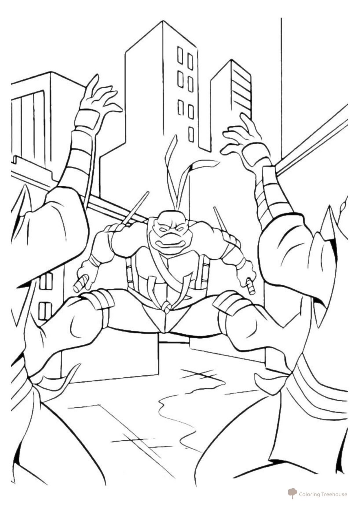 Coloring Page: Raphael Defeats Two with One Strike free printable Teenage Mutant Ninja Turtles Coloring Pages coloring page