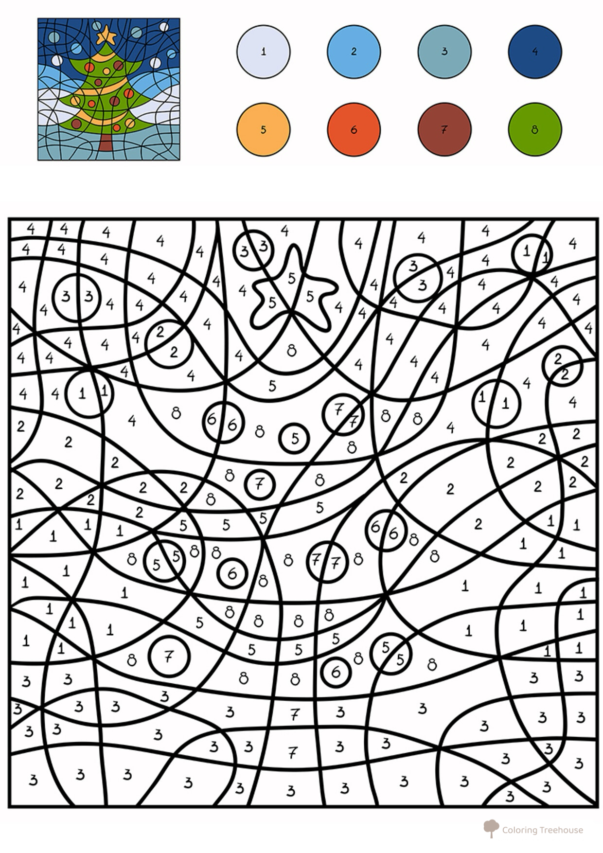 Dibujo para colorear: Árbol de Navidad por números dibujo para colorear gratis de Colorear por números