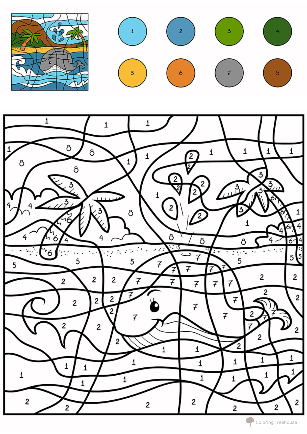 Página para colorear: Ballena junto a la isla por números dibujo para colorear gratis de Colorear por números