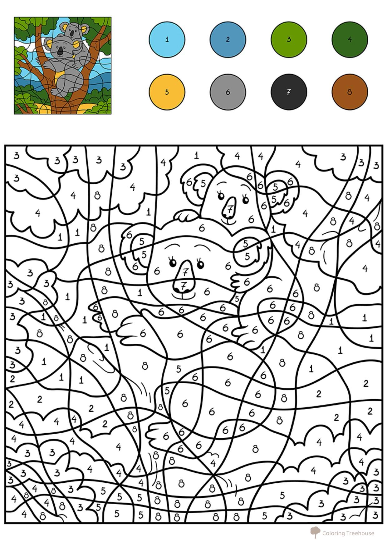 Página para colorear de koala por números dibujo para colorear gratis de Colorear por números
