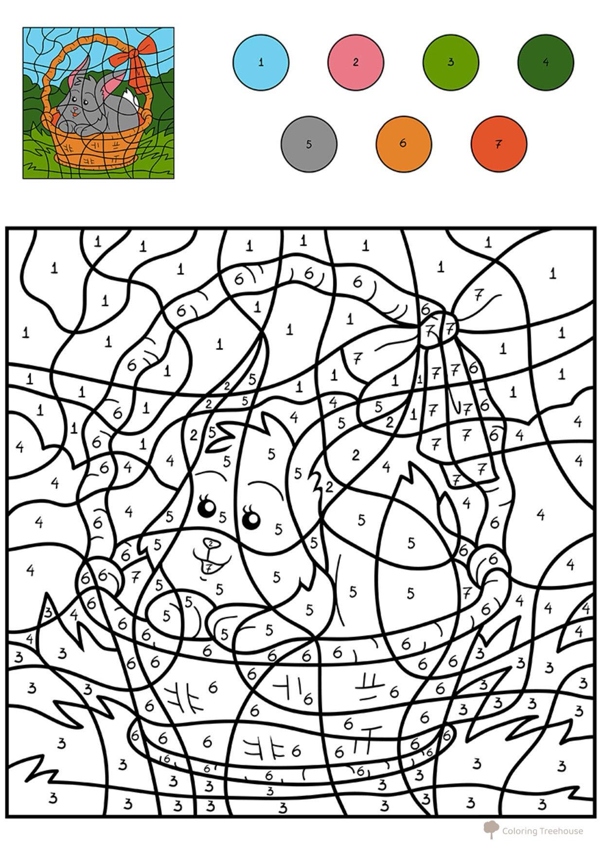 Página para colorear: Conejito en la cestita por números dibujo para colorear gratis de Colorear por números