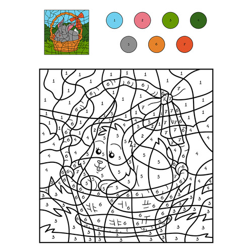Página para colorear: Conejito en la cestita por números dibujo para colorear gratis de Colorear por números