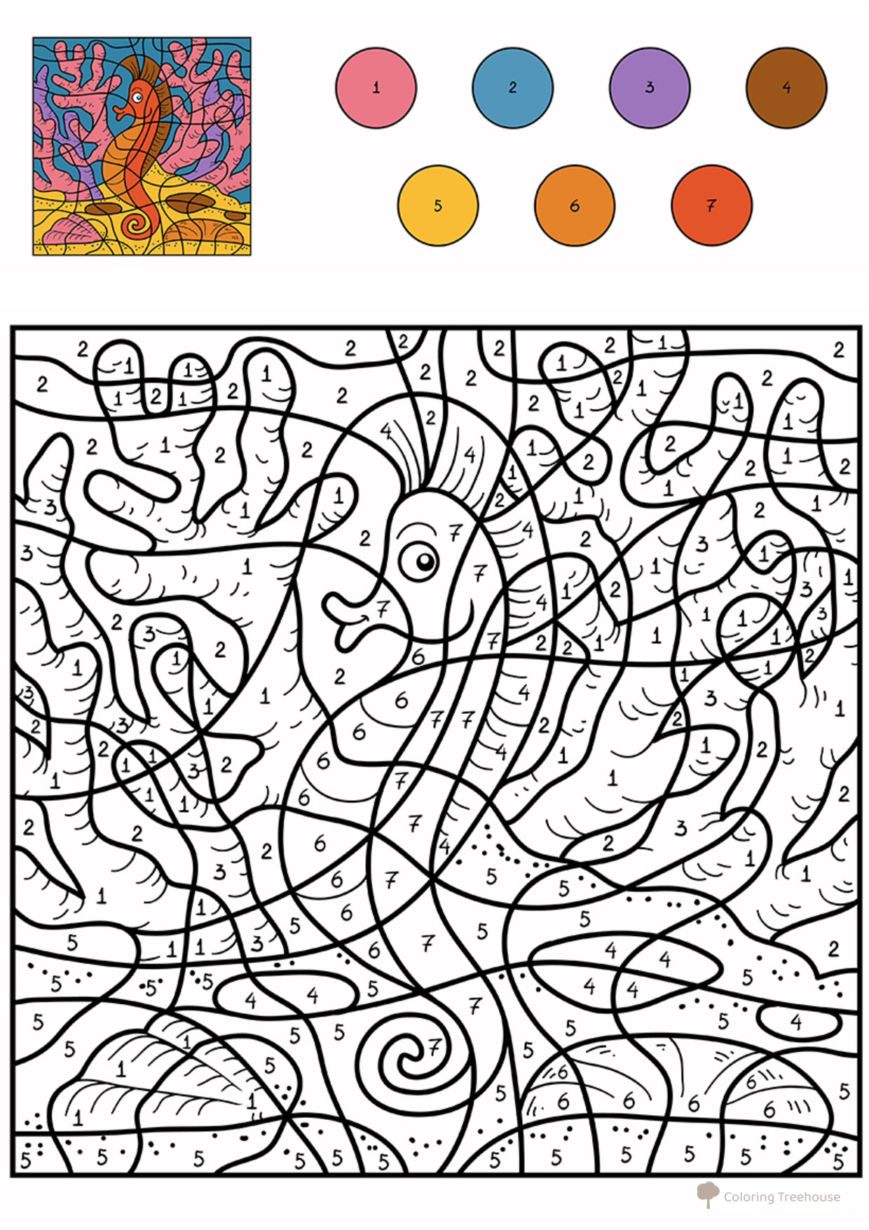 Página para colorear: Caballito de mar por números dibujo para colorear gratis de Colorear por números