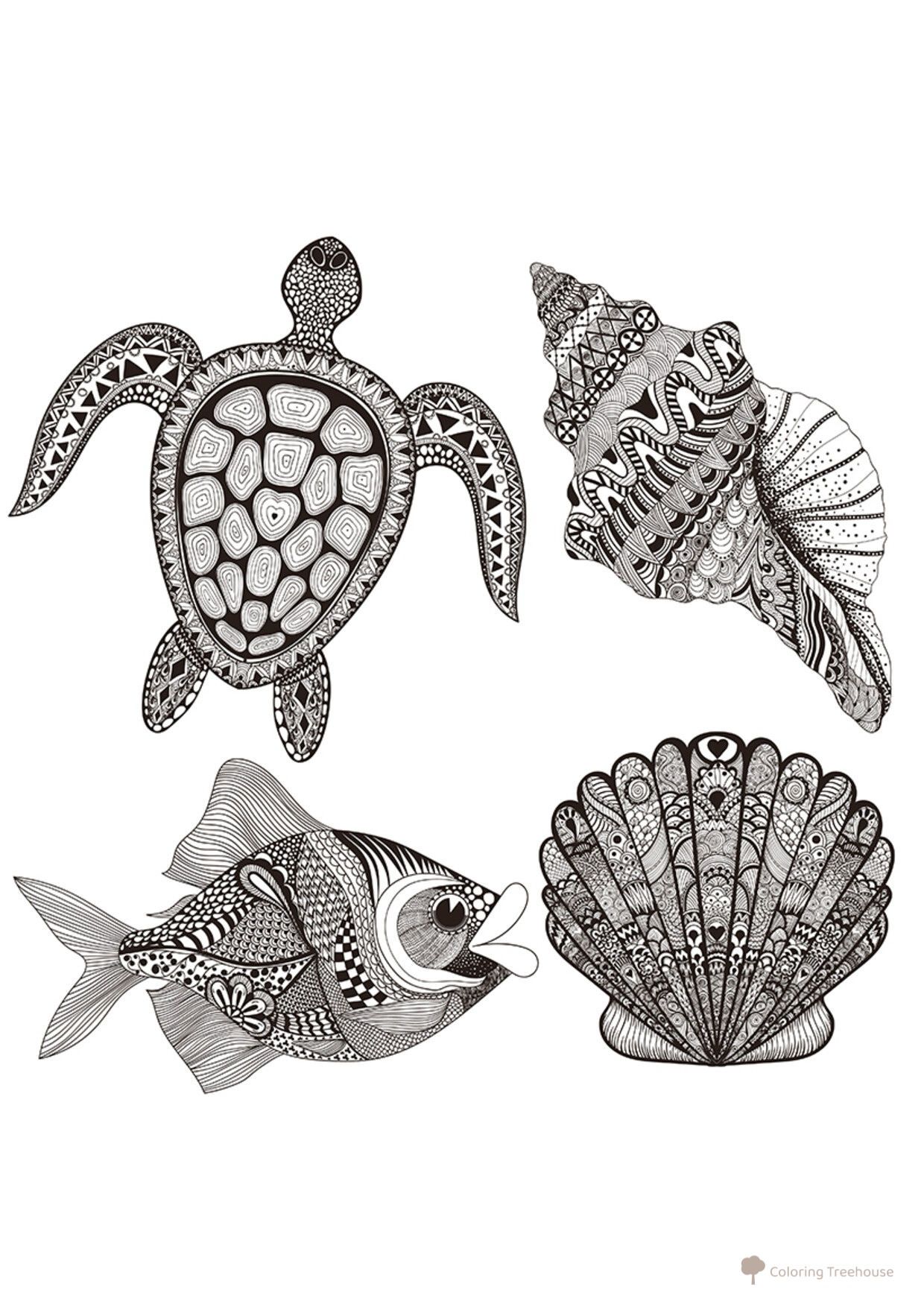 Página para colorear: Habitantes del mar dibujo para colorear gratis de Complejas y bellas hojas para colorear de animales, aves, peces e insectos