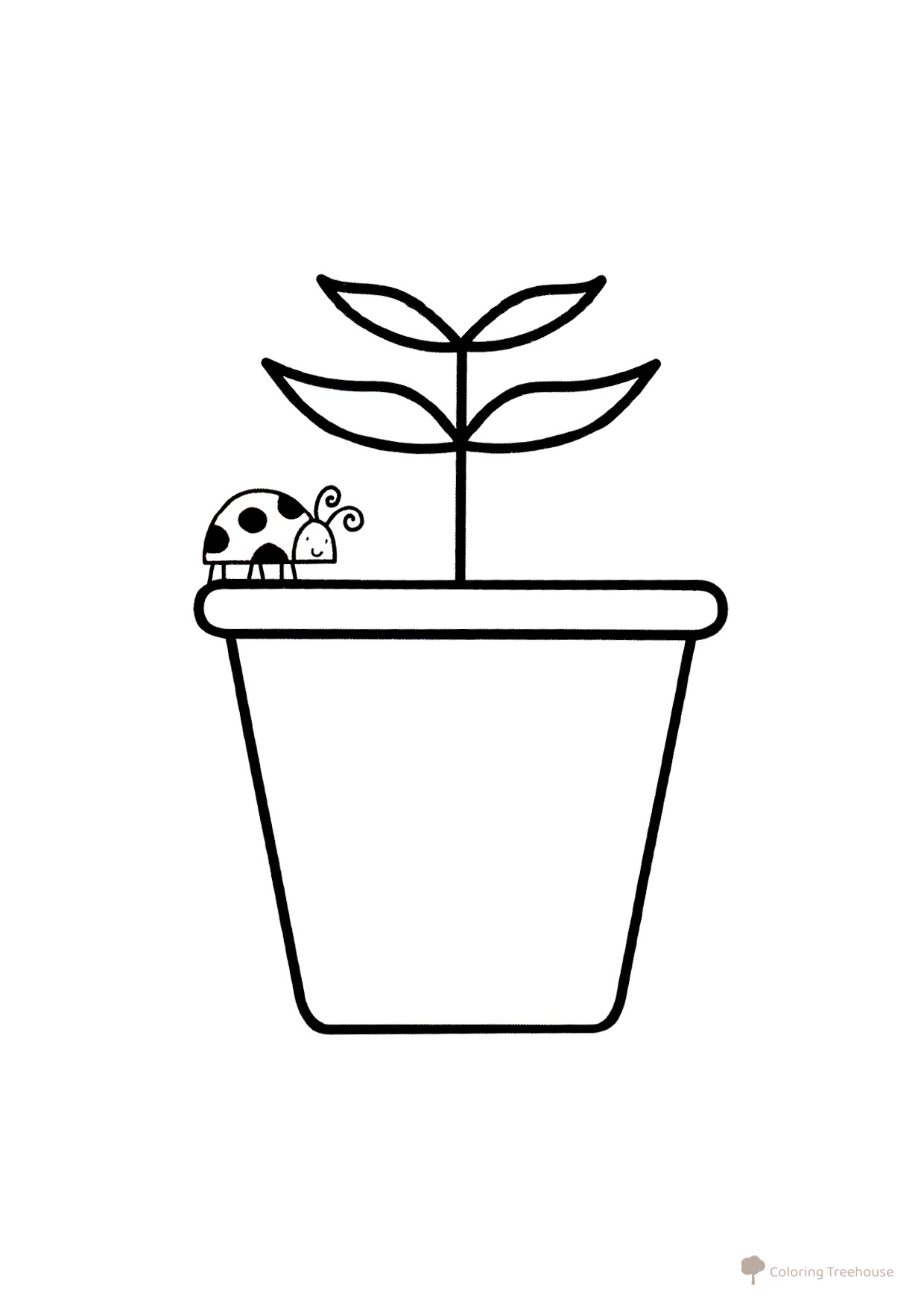 Página para colorear: Mariquita en una maceta con flores dibujo para colorear gratis de Páginas para colorear de flores y plantas para niños pequeños