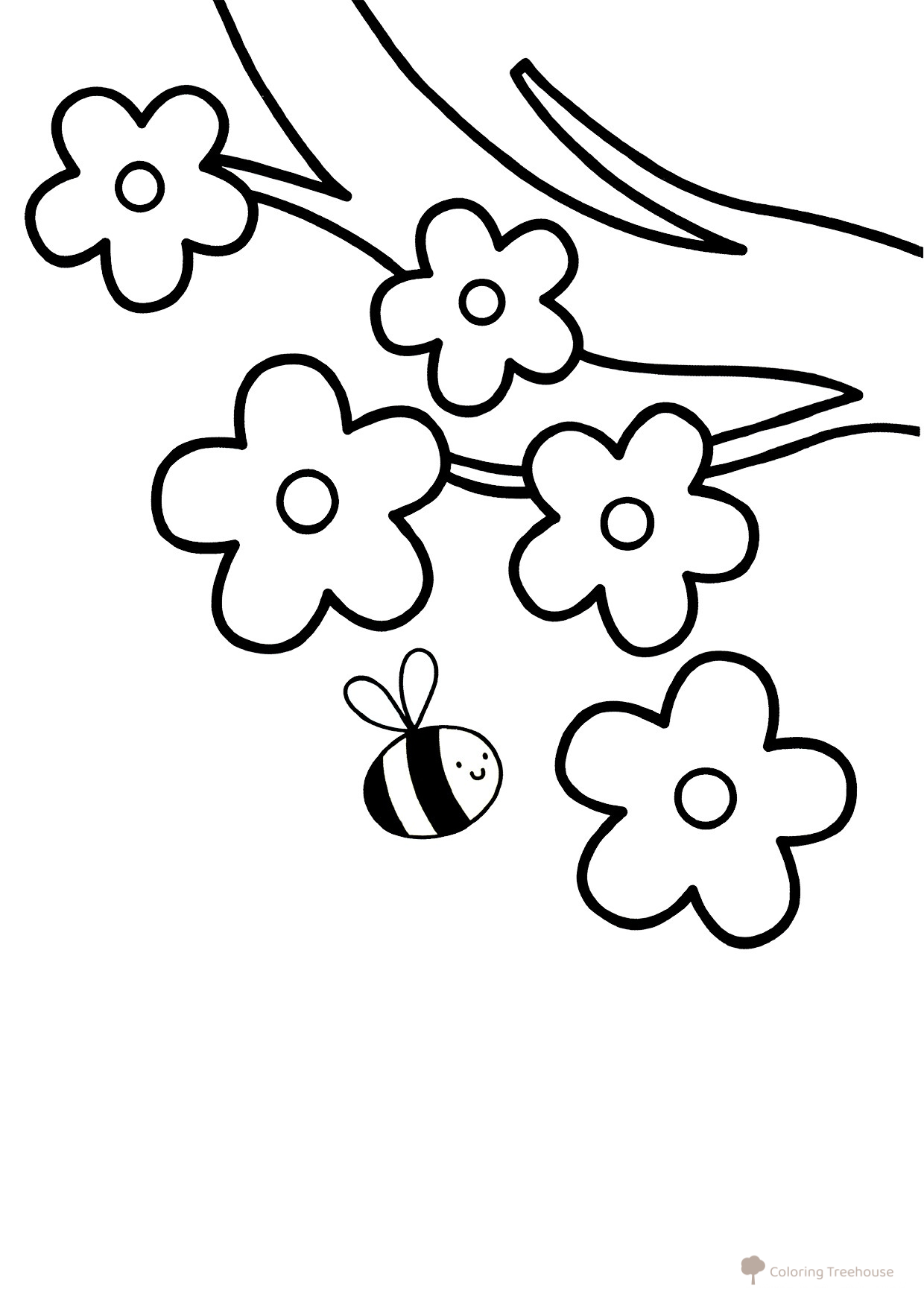 Página para colorear «Abeja polinizando flores» dibujo para colorear gratis de Páginas para colorear de flores y plantas para niños pequeños