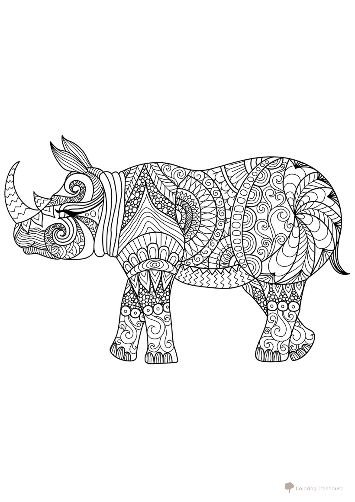 Página para colorear: Rinoceronte con patrones complejos dibujo para colorear gratis de Complejas y bellas hojas para colorear de animales, aves, peces e insectos