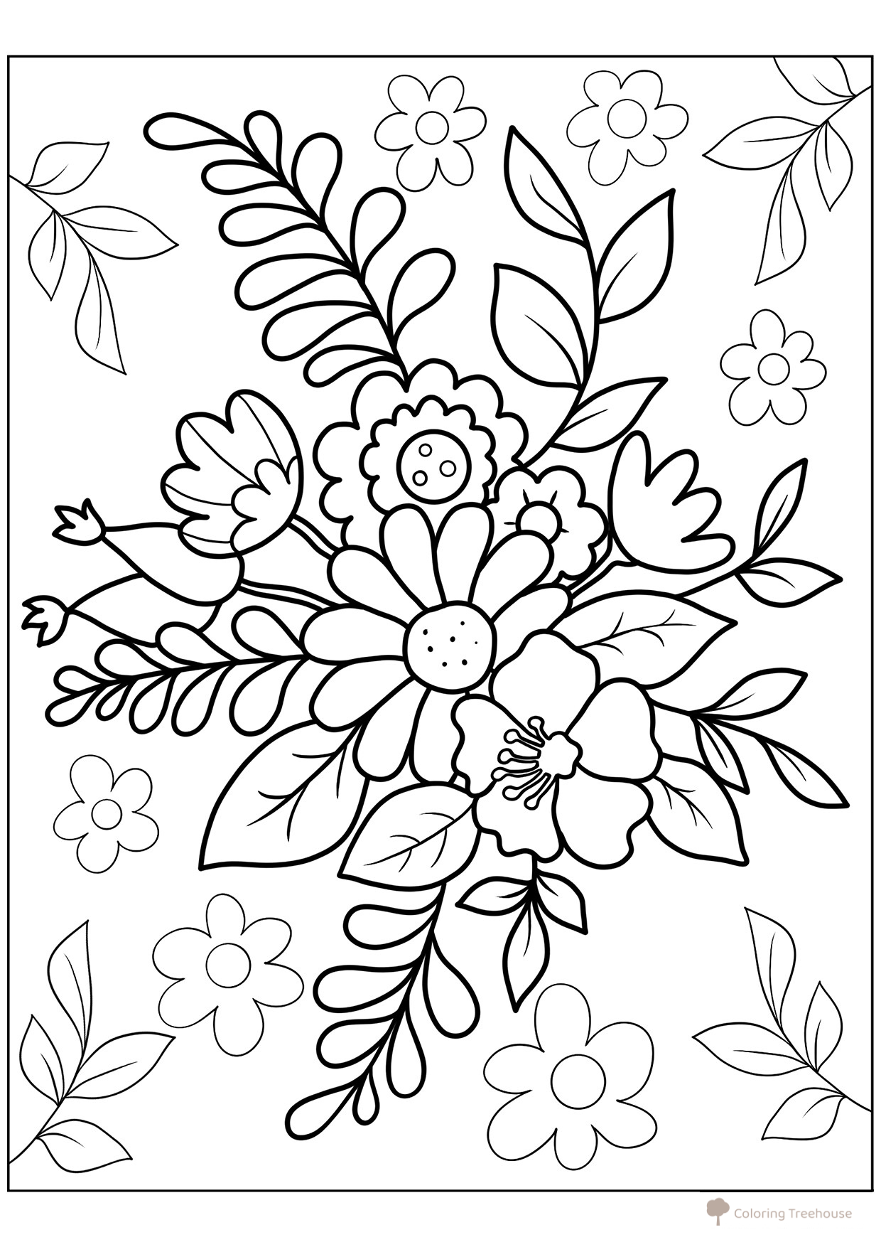 Página para colorear «Ramo de hibisco, lirios y flores silvestres» dibujo para colorear gratis de Flower Coloring Pages