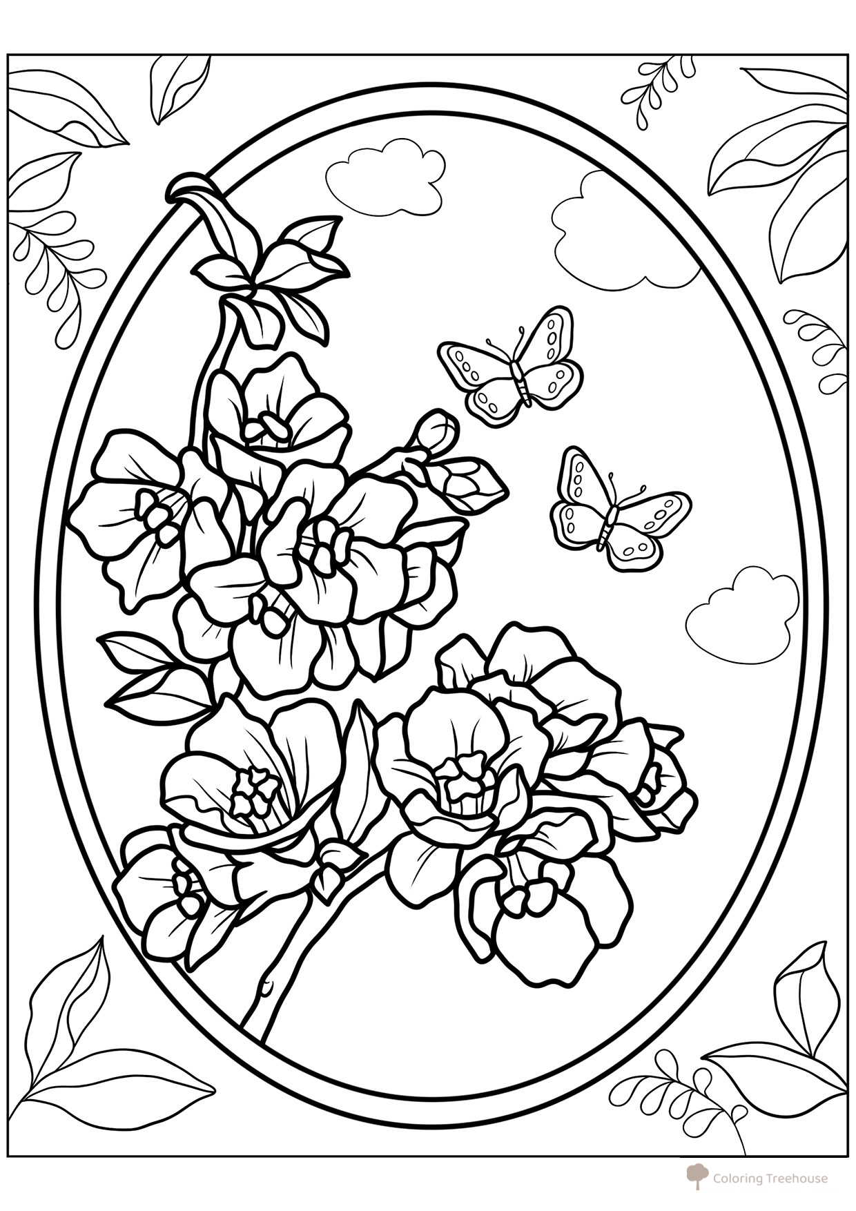 Página para colorear «Flores de membrillo con mariposas» dibujo para colorear gratis de Flower Coloring Pages