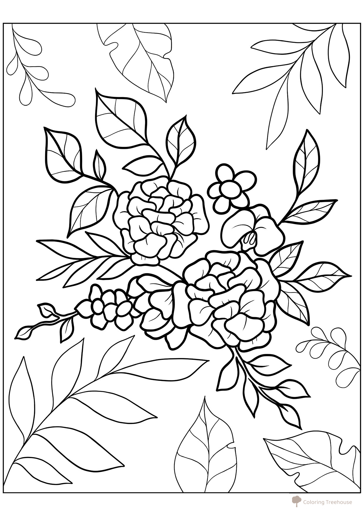 Peony, Orchid, Hydrangea & Magnolia Coloring Page free printable Flower Coloring Pages coloring page